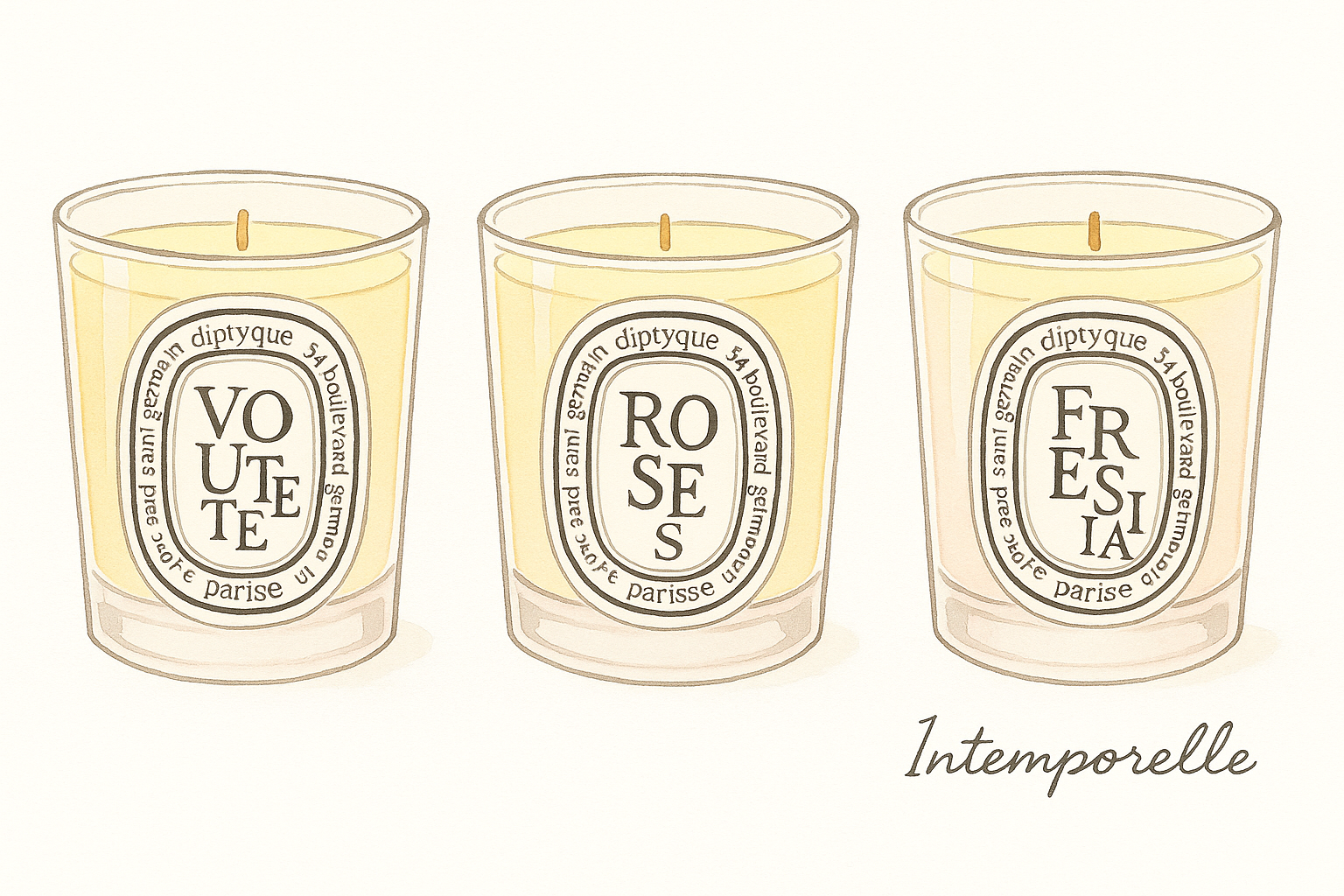 Three iconic Diptyque candles – Votive, Roses, and Freesia – styled for a refined and elegant ambiance